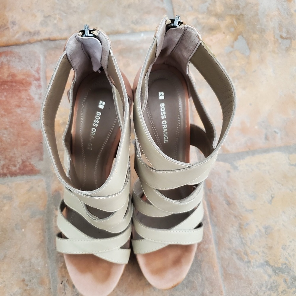 Boss Orange Strappy Beige, Brown Leather High Heels, Zip up. - Picture 4 of 5